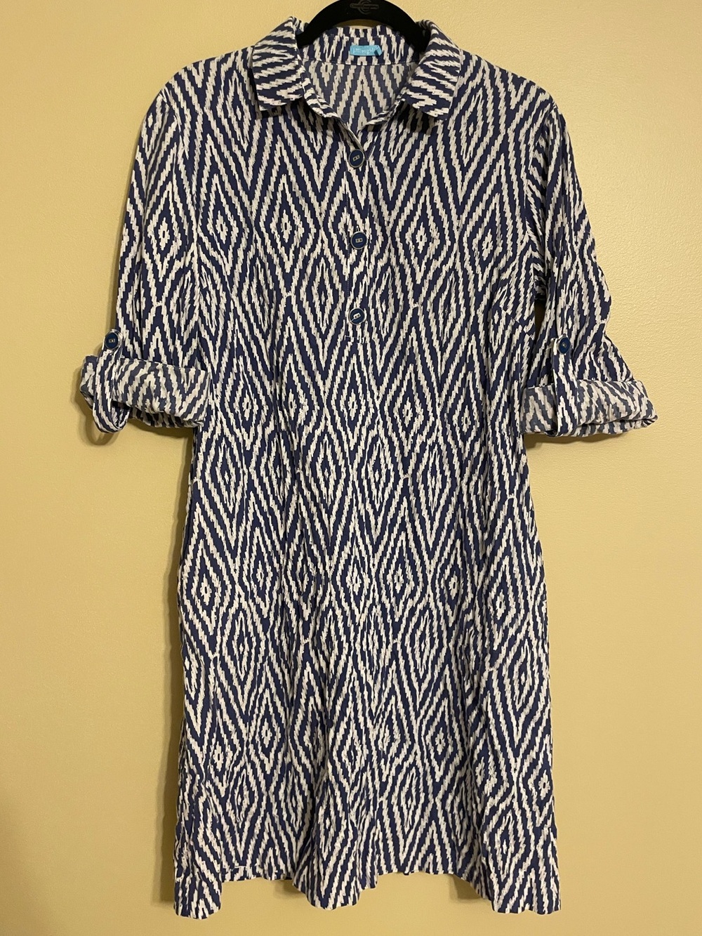 J. McLaughlin navy & White geometric Midi Shirt Dress roll tab sleeves